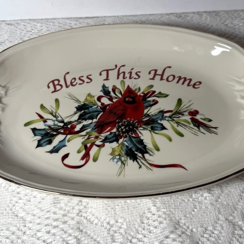 LENOX  Winter Greetings Tray "Bless This Home" - Red Ribbons, Cardinal On Holly
